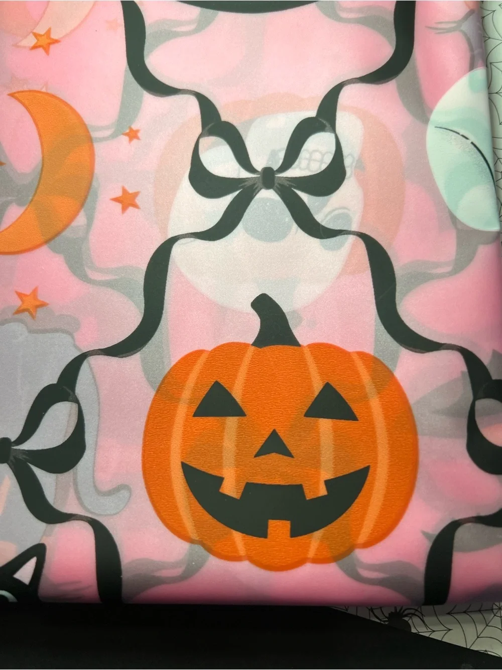 Pink Halloween Peva Shower Curtain Black Ribbon Bows Ghost Pumpkin Cat Witch Hat